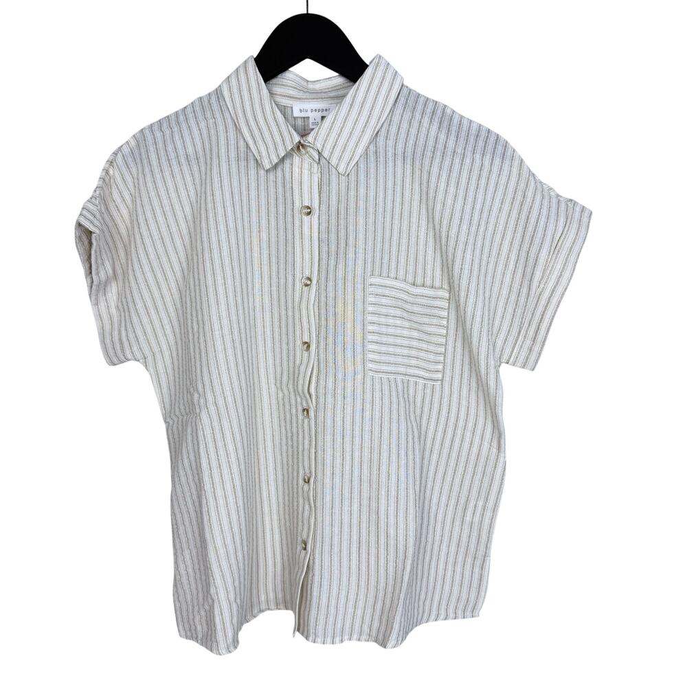 BLU PEPPER Stripe Short Sleeve Button-Up Linen Shirt LARGE - Picture 7 of 9